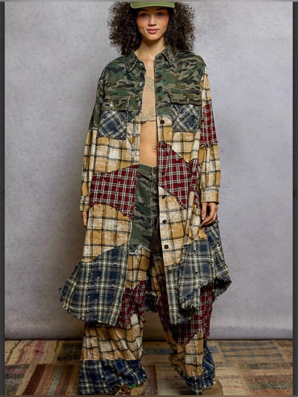 POL Patchwork Plaid & Camo Wide Leg Pants and Midi Duster Set - Picture 7 of 8